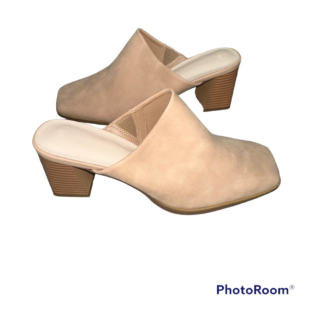Faux Suede Women's Tan Square-Toe Block Heel Mules 9.5